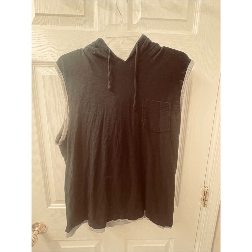 Free Planet Tank Top - Sleeveless - Hooded Workout Shirt -Black Grey Trim Medium